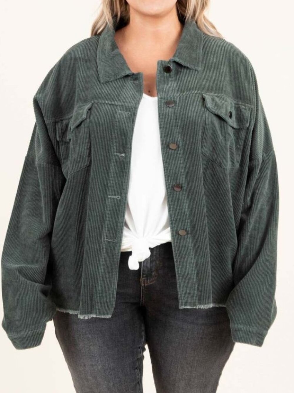 CHIC SOUL I Corduroy Button-Up Shacket, Olive Green - Picture 2 of 7